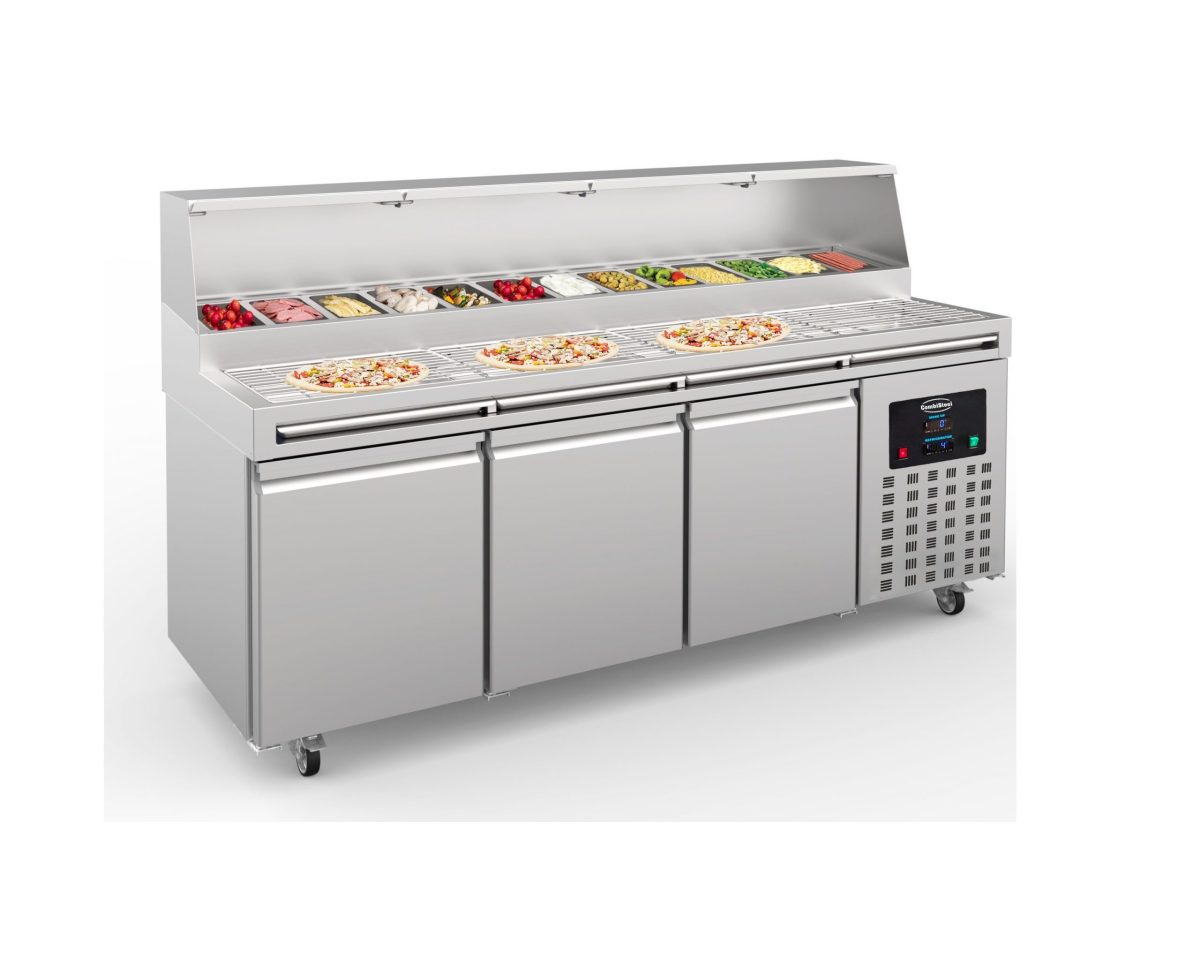 Pizzatisch mit 3 Türen und13 x1/3 GN ( 2370 x 850 x 1360 mm )
