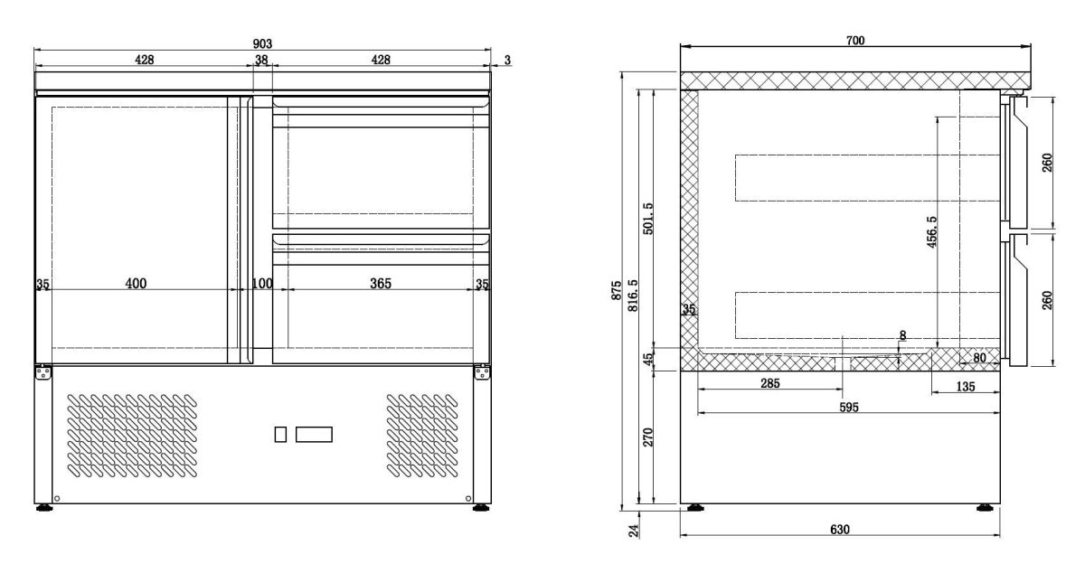 Kühltisch mit 1 Tür + 2 Schubladen / 257 Liter / 900x700x870 mm – Bild 4