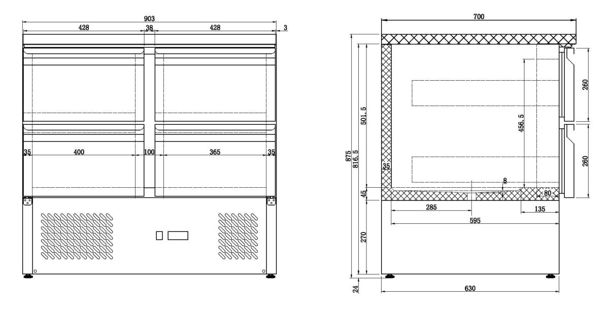 Kühltisch mit 4 Schubladen / 257 Liter / 900x700x875 mm – Bild 5
